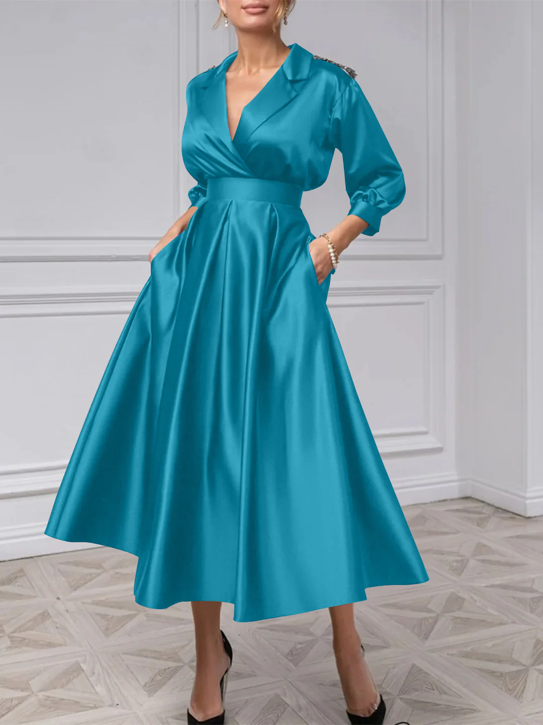 A-Line/Princess V-Neck 3/4 Sleeves Mother Of The Bride Dresses With Beading - Image 48