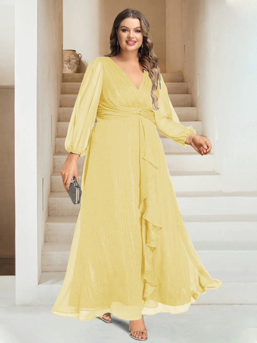 A-Line/Princess V-Neck Ankle-Length Long Sleeves Plus Size Bridesmaid Dresses - Image 18