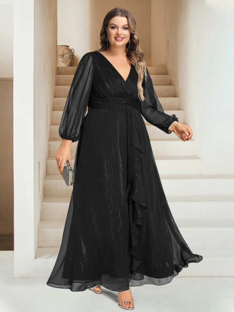 A-Line/Princess V-Neck Ankle-Length Long Sleeves Plus Size Bridesmaid Dresses - Image 3