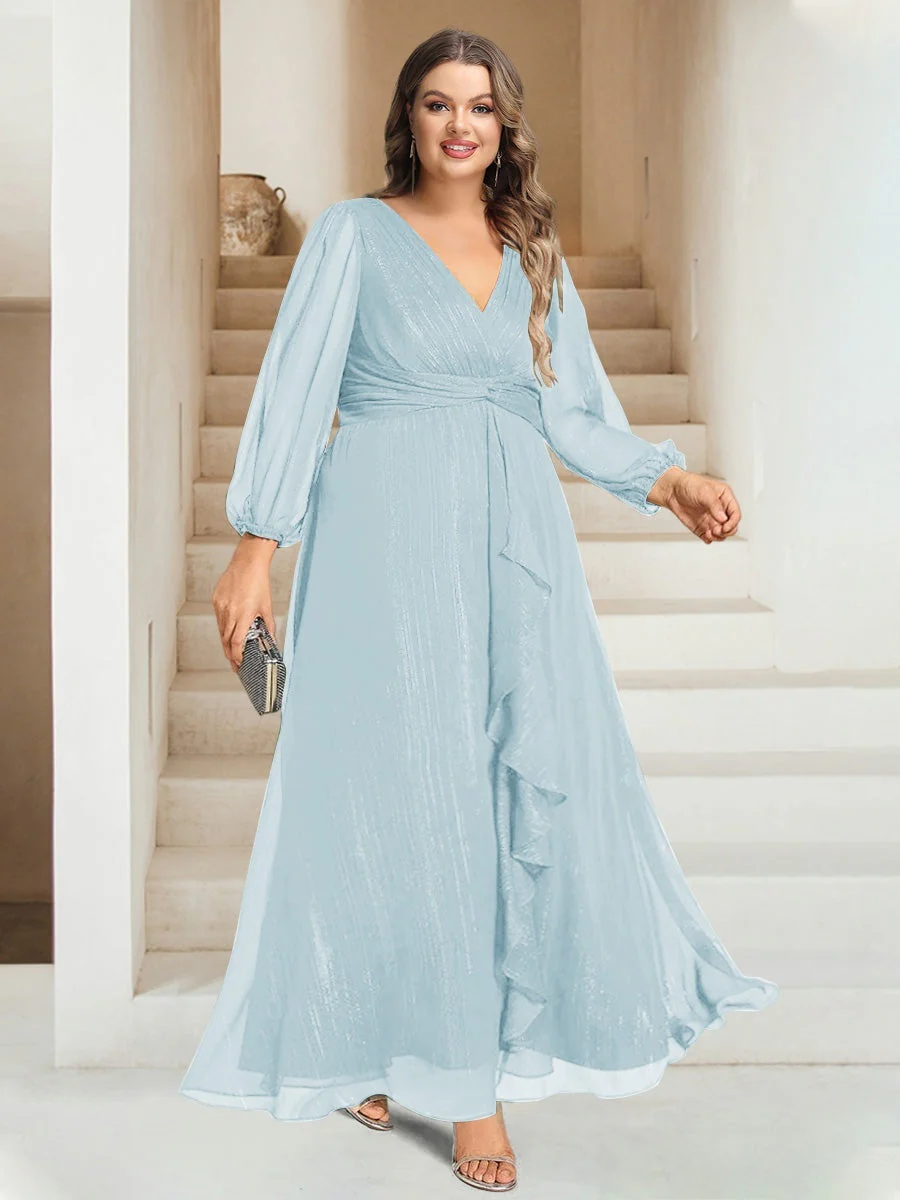 A-Line/Princess V-Neck Ankle-Length Long Sleeves Plus Size Bridesmaid Dresses - Image 6