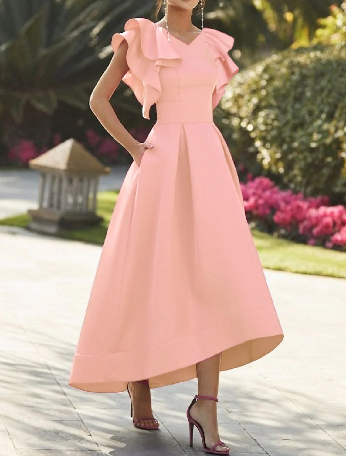 A-Line Cocktail Dresses V-Neck Formal Party Dress Sleeveless Satin Asymmetrical With Pleated - Image 3