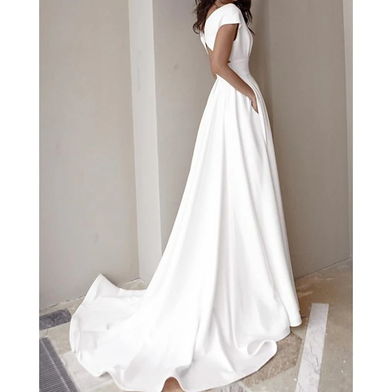 A Line/Princess V-Neck Cap Sleeve Wedding Dresses Sweep / Brush Train with Split Front - Image 2