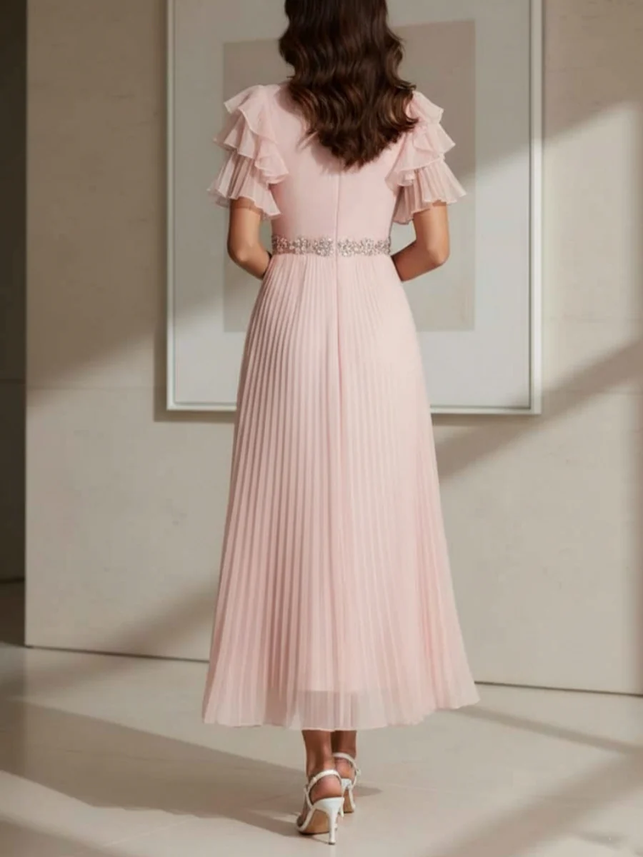 A-Line/Princess V-Neck Chiffon Cocktail Dresses with Sash Tea-Length Short Sleeves Ruffle Sleeves Formal Dresses - Image 2