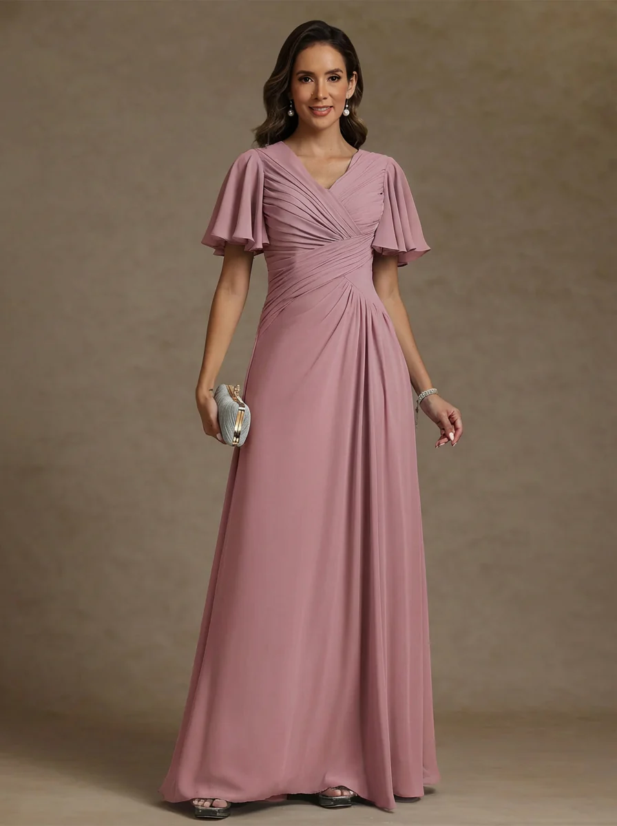 A-Line/Princess V-Neck Chiffon Mother of the Bride Dresses Floor-Length Ruched Short Sleeves - Image 5