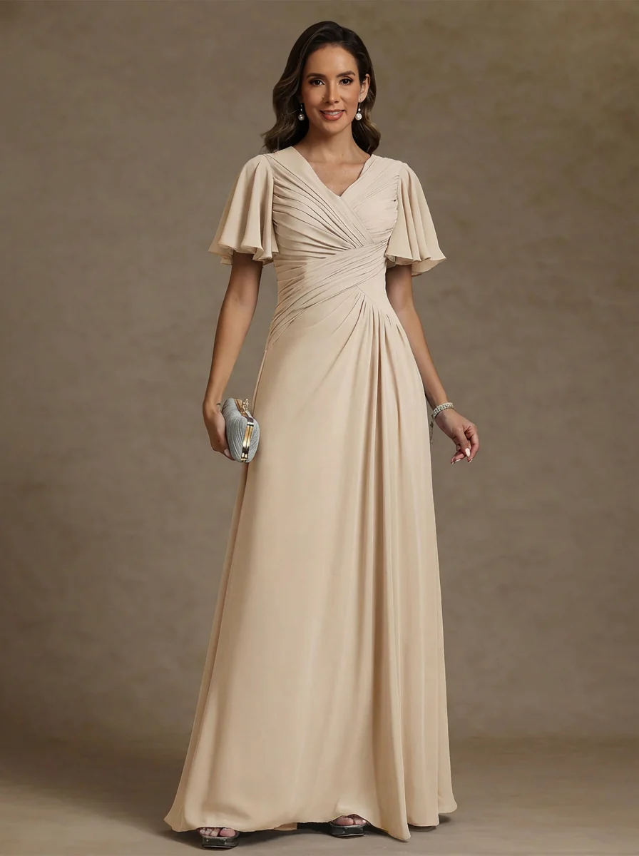 A-Line/Princess V-Neck Chiffon Mother of the Bride Dresses Floor-Length Ruched Short Sleeves - Image 8