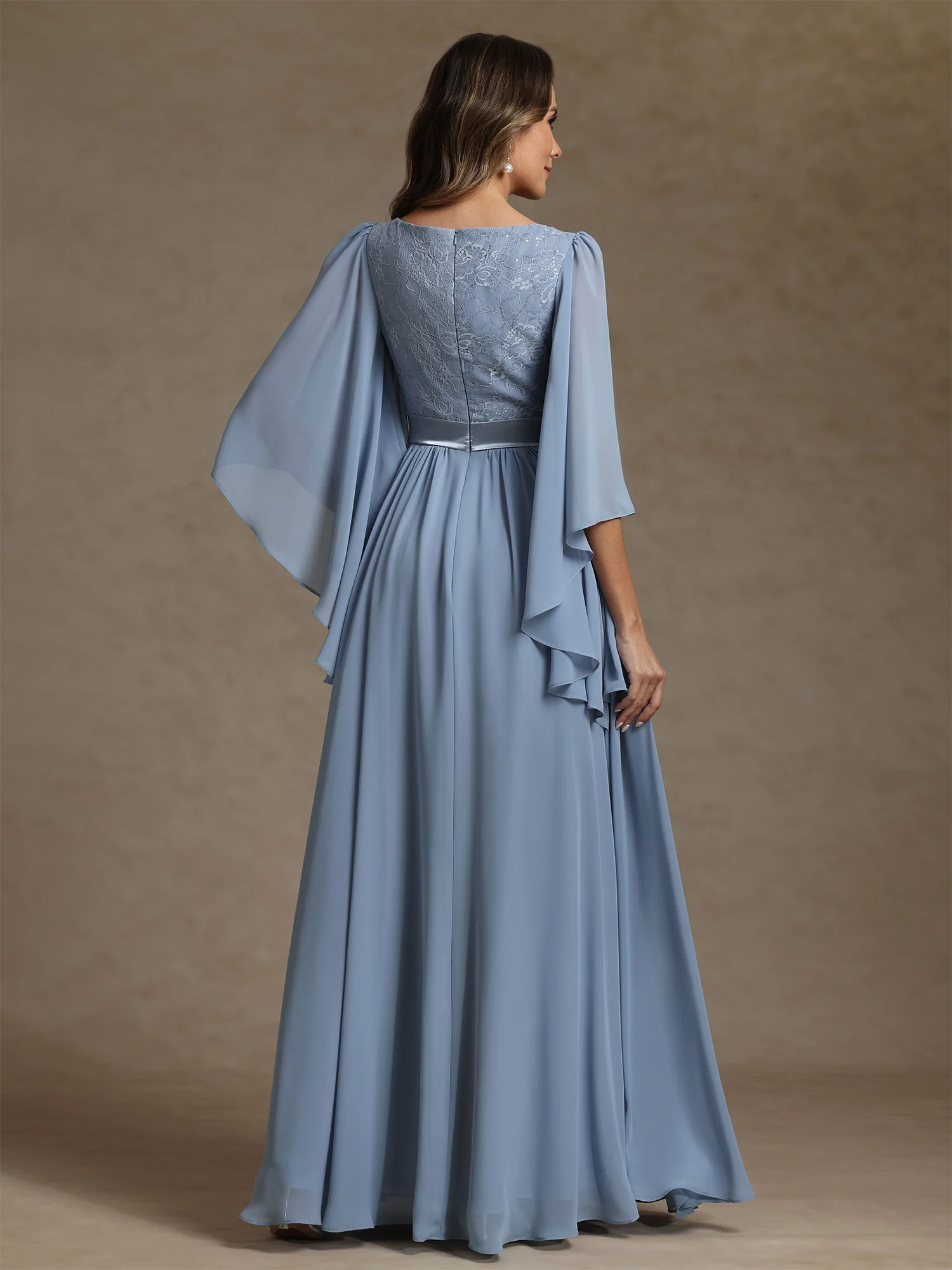 A-Line/Princess V-Neck Chiffon Mother of the Bride Dresses Lace Floor-Length 3/4 Sleeves Pleated - Image 2
