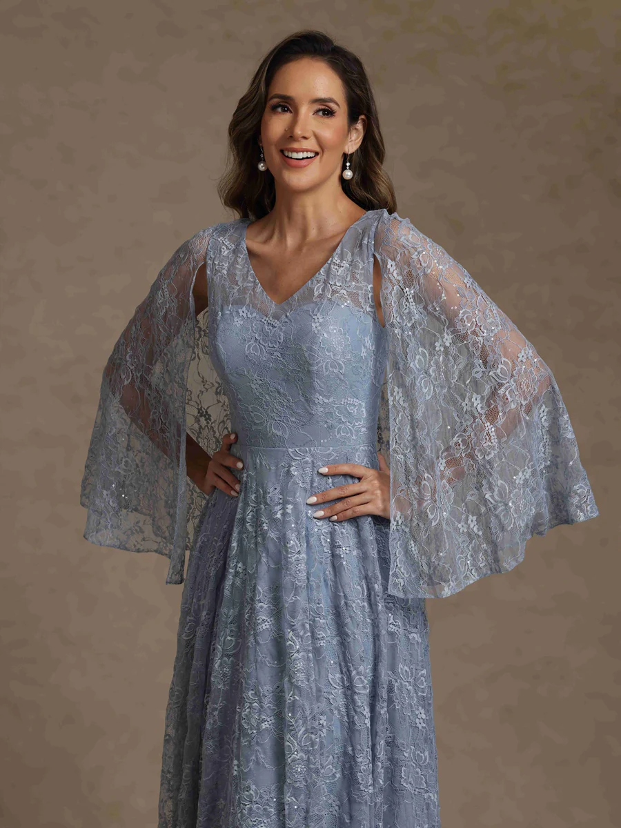 A-Line/Princess V-Neck Chiffon Mother of the Bride Dresses Lace Floor-Length Cape Sleeves Floral - Image 3