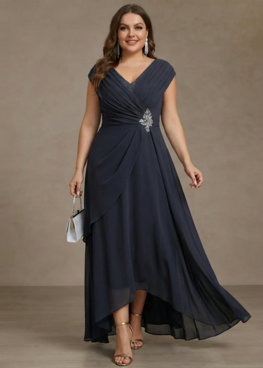 A-Line/Princess V-Neck Chiffon Plus Size Mother of the Bride Dresses Asymmetrical Floor-Length Sequins Ruched