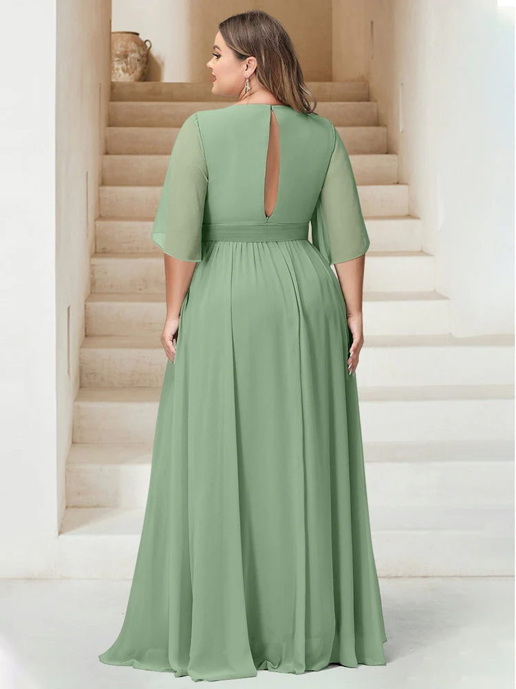 A-Line/Princess V-Neck Floor-Length Backless Plus Size Bridesmaid Dresses - Image 2