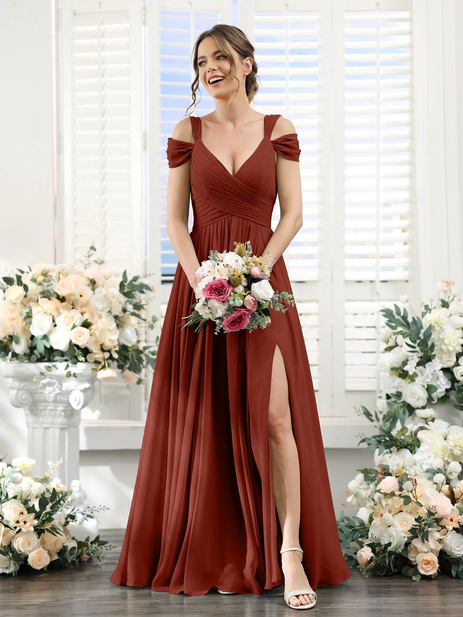 A-Line/Princess V-Neck Floor-Length Chiffon Bridesmaid Dresses with Split Side & Ruched - Image 14