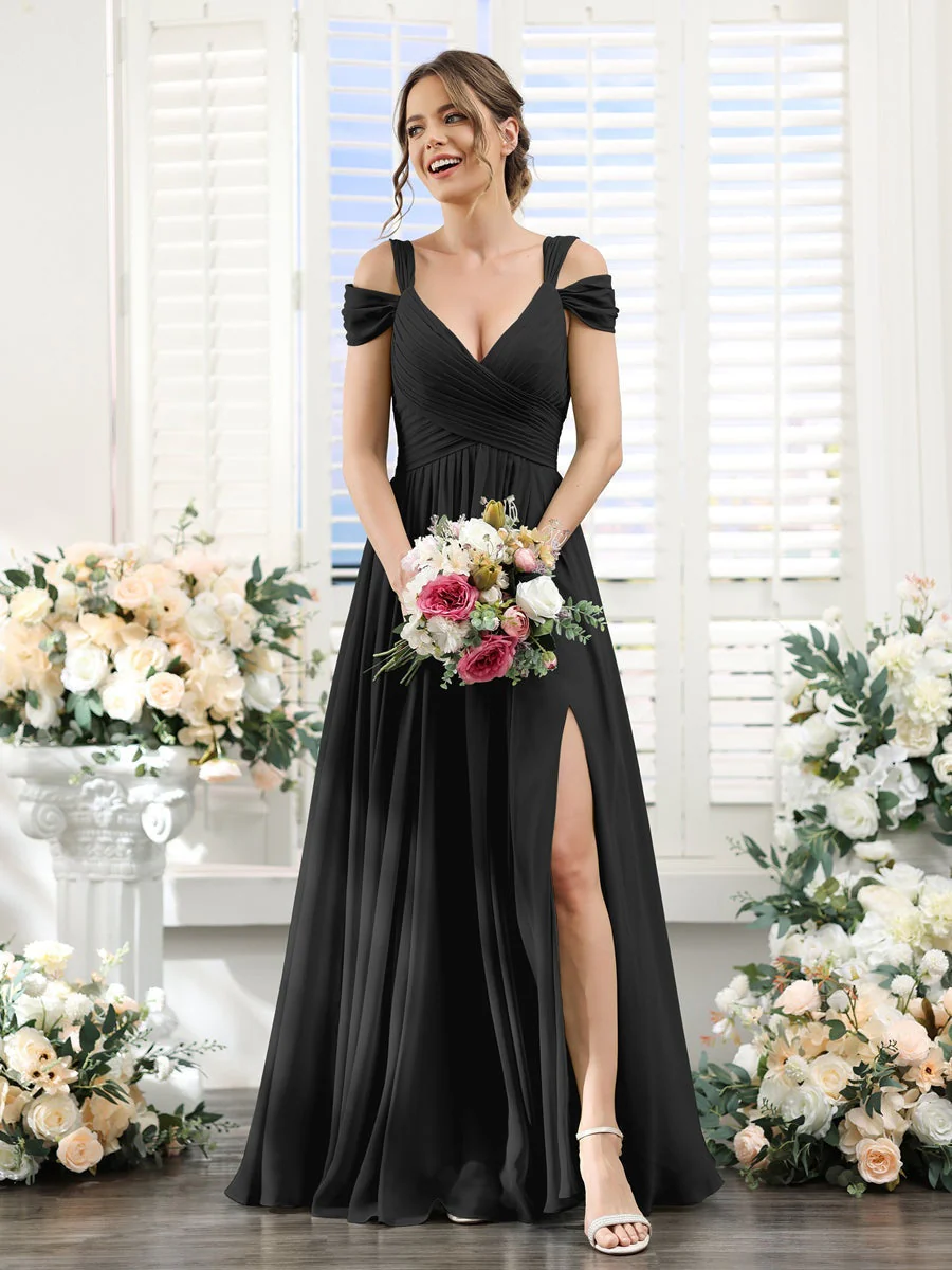 A-Line/Princess V-Neck Floor-Length Chiffon Bridesmaid Dresses with Split Side & Ruched - Image 18