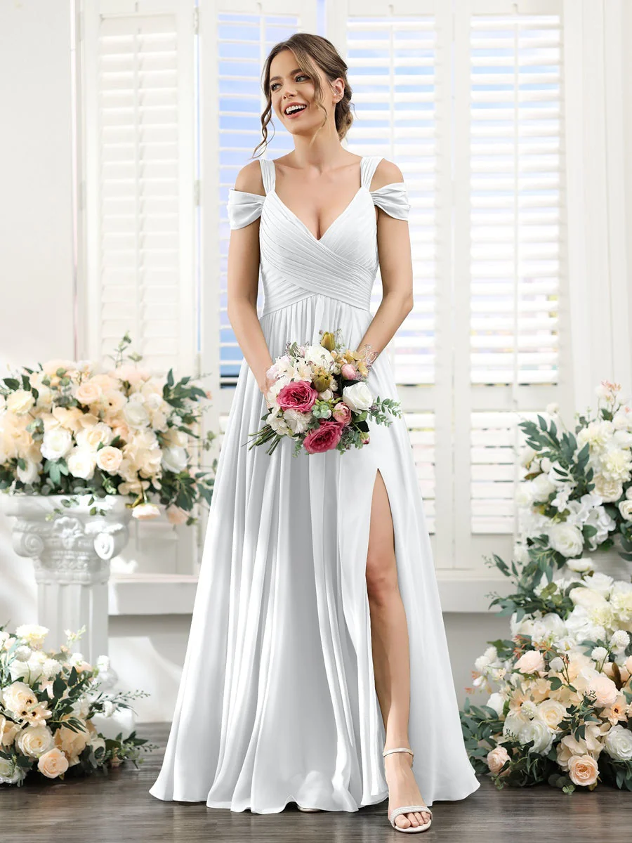 A-Line/Princess V-Neck Floor-Length Chiffon Bridesmaid Dresses with Split Side & Ruched - Image 19