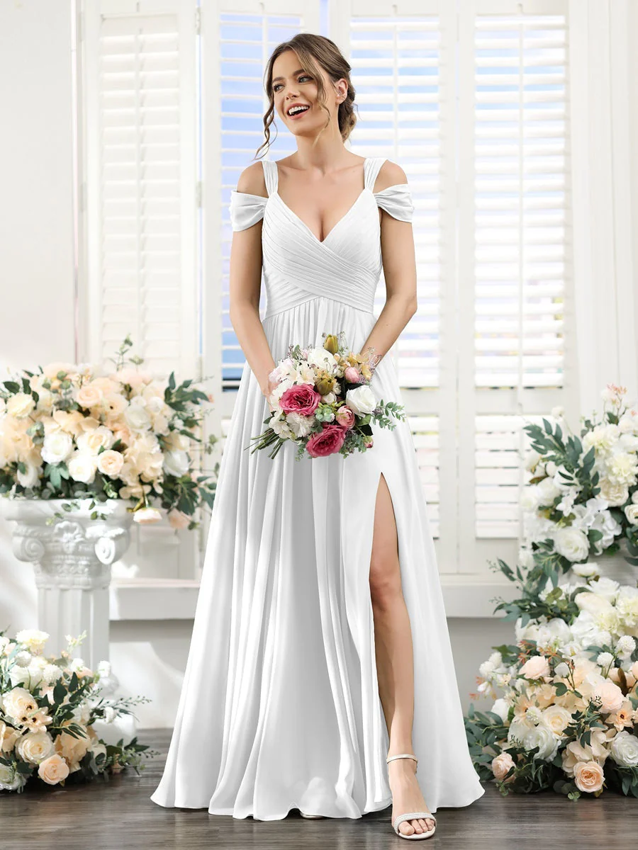 A-Line/Princess V-Neck Floor-Length Chiffon Bridesmaid Dresses with Split Side & Ruched - Image 20