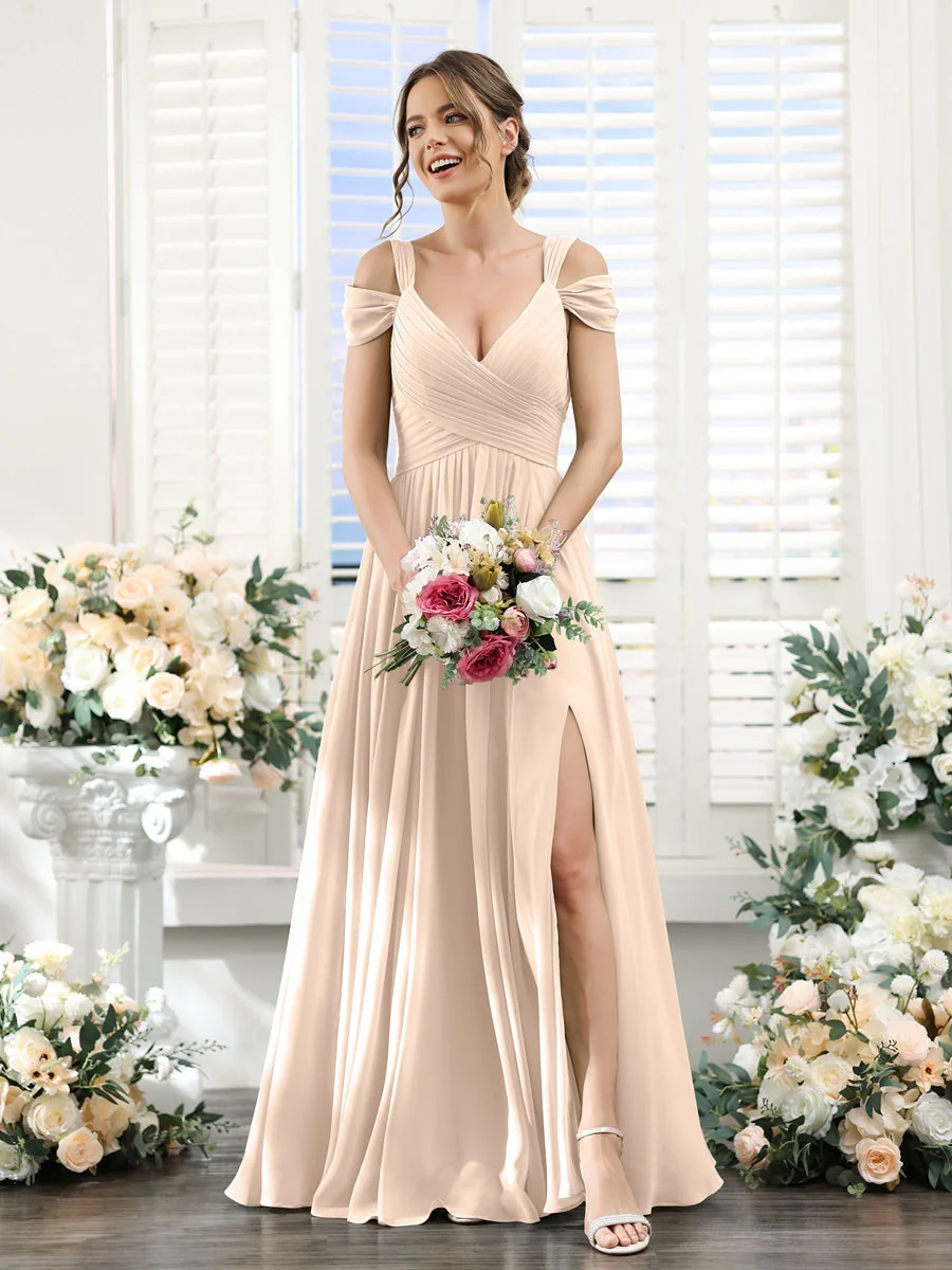 A-Line/Princess V-Neck Floor-Length Chiffon Bridesmaid Dresses with Split Side & Ruched - Image 23