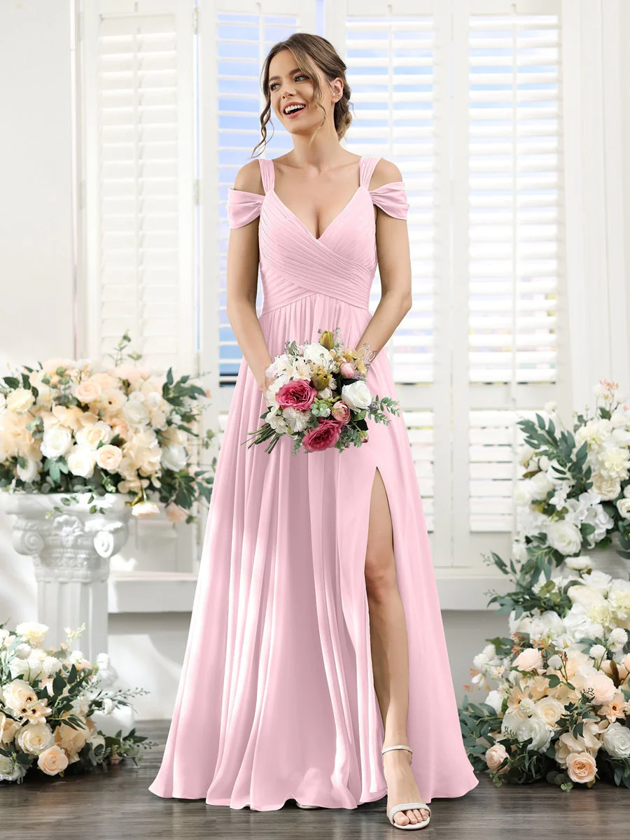 A-Line/Princess V-Neck Floor-Length Chiffon Bridesmaid Dresses with Split Side & Ruched - Image 25
