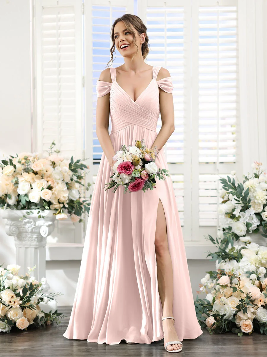 A-Line/Princess V-Neck Floor-Length Chiffon Bridesmaid Dresses with Split Side & Ruched - Image 27