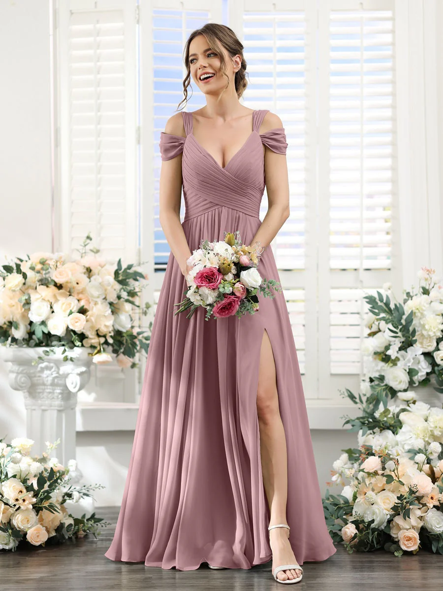 A-Line/Princess V-Neck Floor-Length Chiffon Bridesmaid Dresses with Split Side & Ruched - Image 31