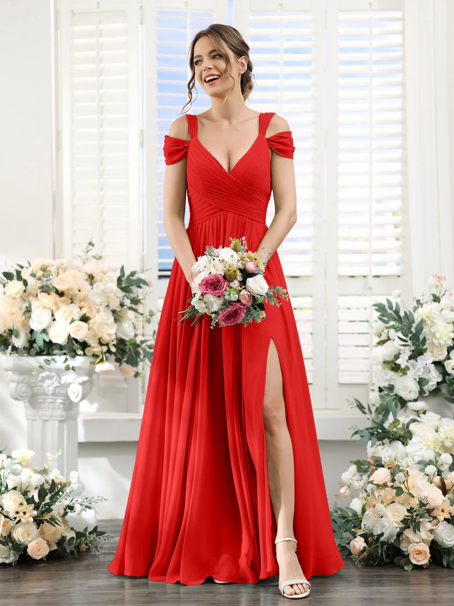 A-Line/Princess V-Neck Floor-Length Chiffon Bridesmaid Dresses with Split Side & Ruched - Image 36