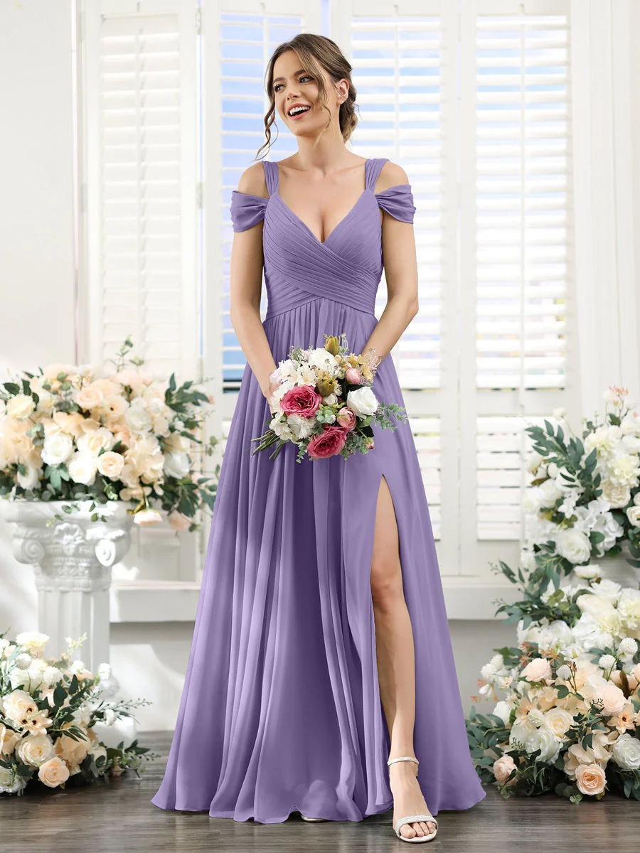 A-Line/Princess V-Neck Floor-Length Chiffon Bridesmaid Dresses with Split Side & Ruched - Image 41