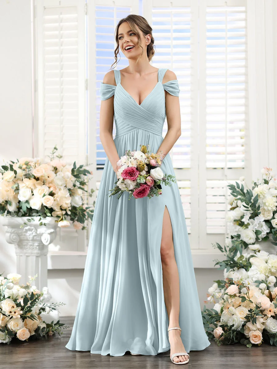 A-Line/Princess V-Neck Floor-Length Chiffon Bridesmaid Dresses with Split Side & Ruched - Image 47