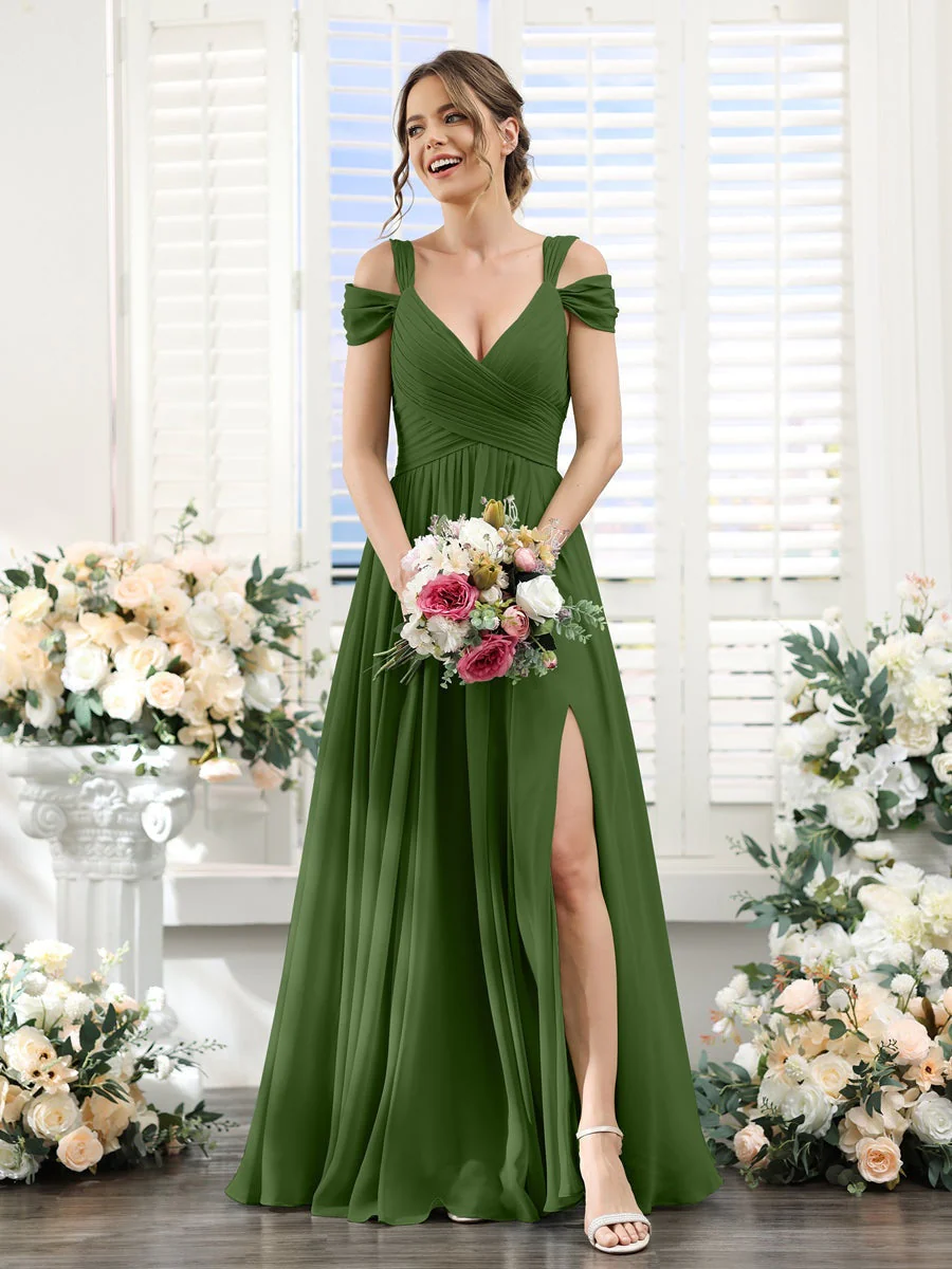 A-Line/Princess V-Neck Floor-Length Chiffon Bridesmaid Dresses with Split Side & Ruched - Image 65