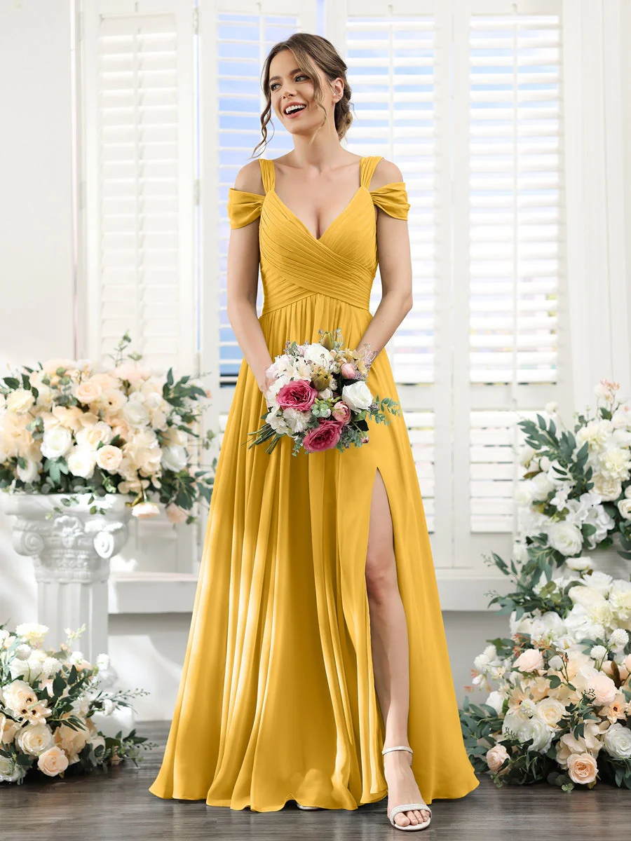 A-Line/Princess V-Neck Floor-Length Chiffon Bridesmaid Dresses with Split Side & Ruched - Image 70