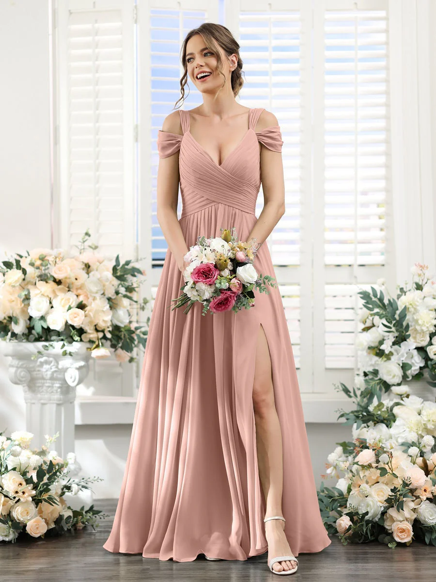 A-Line/Princess V-Neck Floor-Length Chiffon Bridesmaid Dresses with Split Side & Ruched - Image 8
