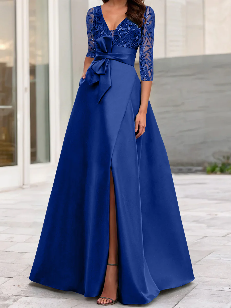 A-Line/Princess V-Neck Floor-Length Mother of the Bride Dresses with Split Side Ruffles Sequins Bow(s) - Image 16
