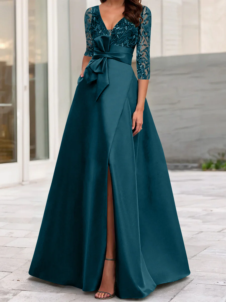A-Line/Princess V-Neck Floor-Length Mother of the Bride Dresses with Split Side Ruffles Sequins Bow(s) - Image 26