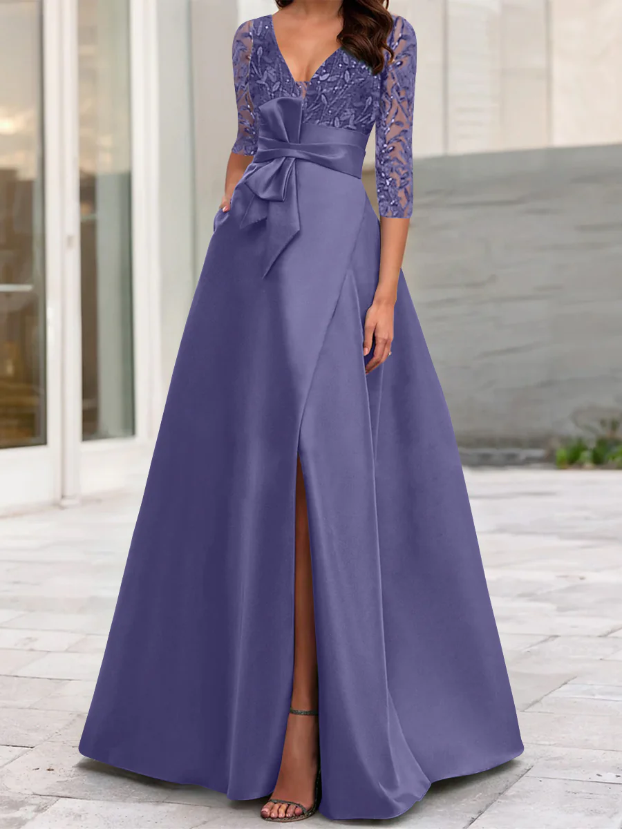 A-Line/Princess V-Neck Floor-Length Mother of the Bride Dresses with Split Side Ruffles Sequins Bow(s) - Image 29