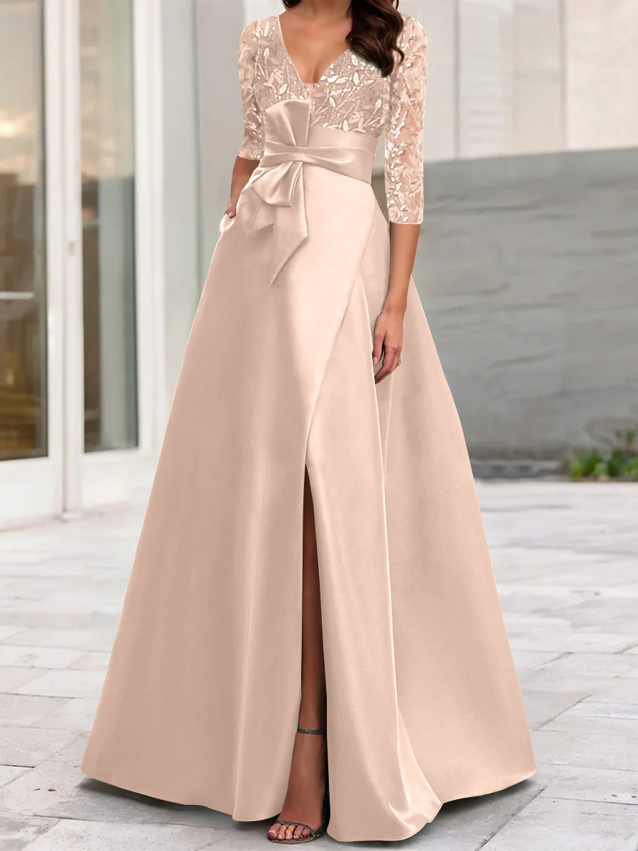 A-Line/Princess V-Neck Floor-Length Mother of the Bride Dresses with Split Side Ruffles Sequins Bow(s) - Image 39