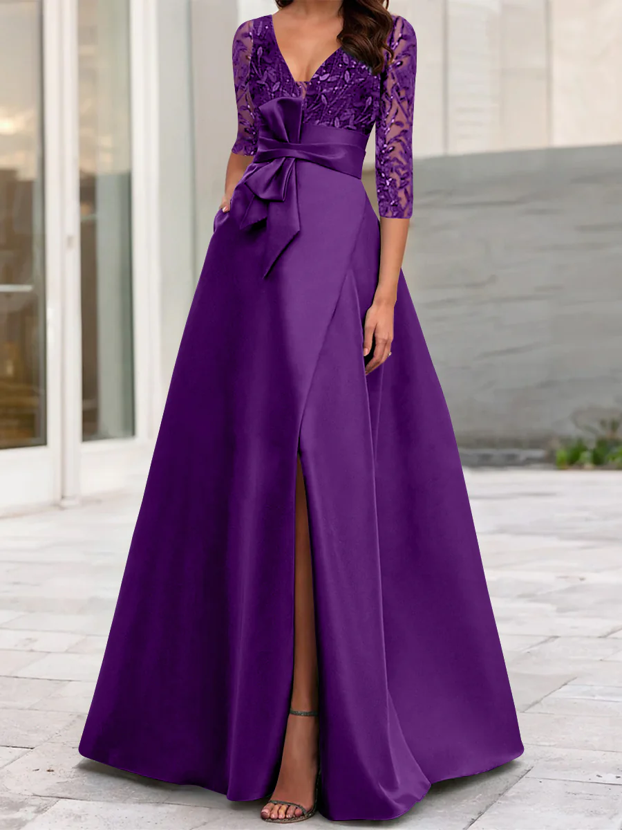 A-Line/Princess V-Neck Floor-Length Mother of the Bride Dresses with Split Side Ruffles Sequins Bow(s) - Image 41