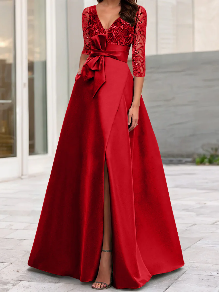 A-Line/Princess V-Neck Floor-Length Mother of the Bride Dresses with Split Side Ruffles Sequins Bow(s) - Image 43