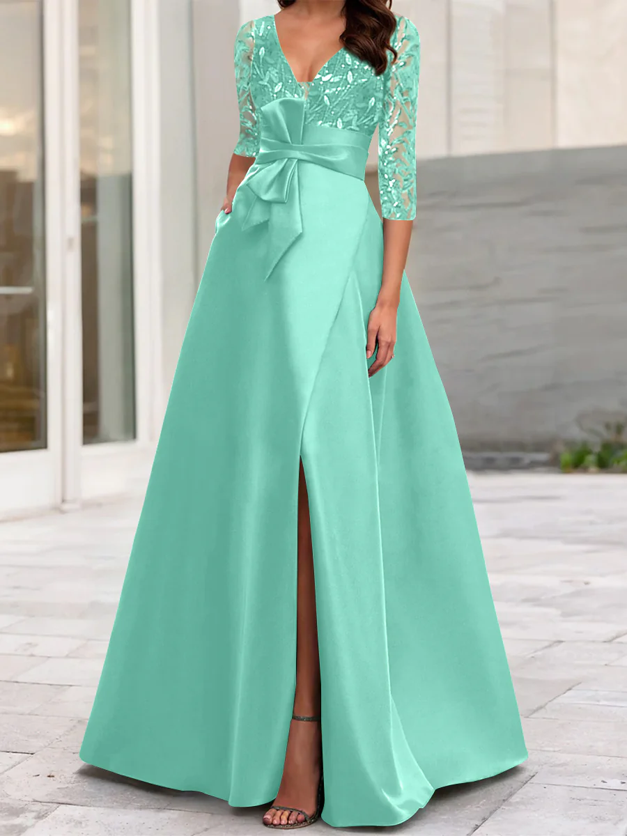 A-Line/Princess V-Neck Floor-Length Mother of the Bride Dresses with Split Side Ruffles Sequins Bow(s) - Image 49