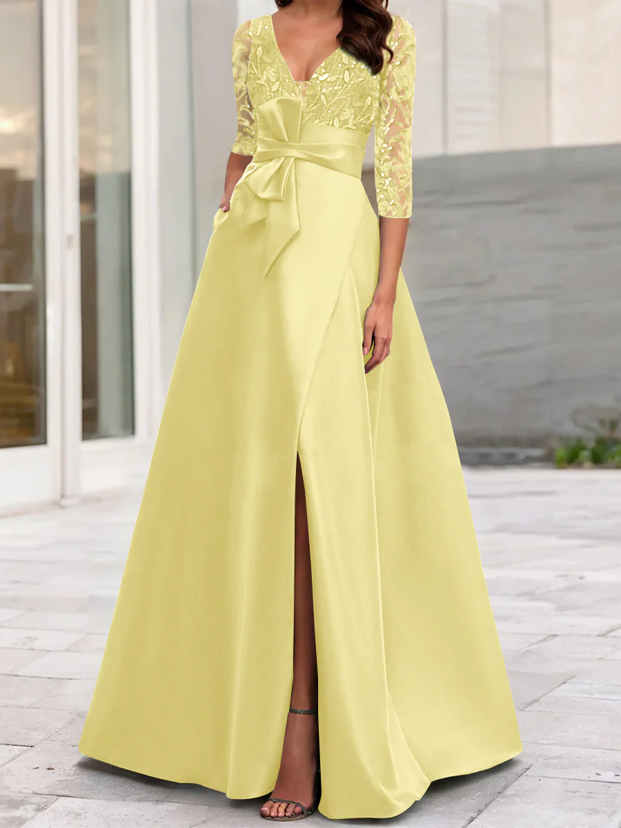 A-Line/Princess V-Neck Floor-Length Mother of the Bride Dresses with Split Side Ruffles Sequins Bow(s) - Image 57