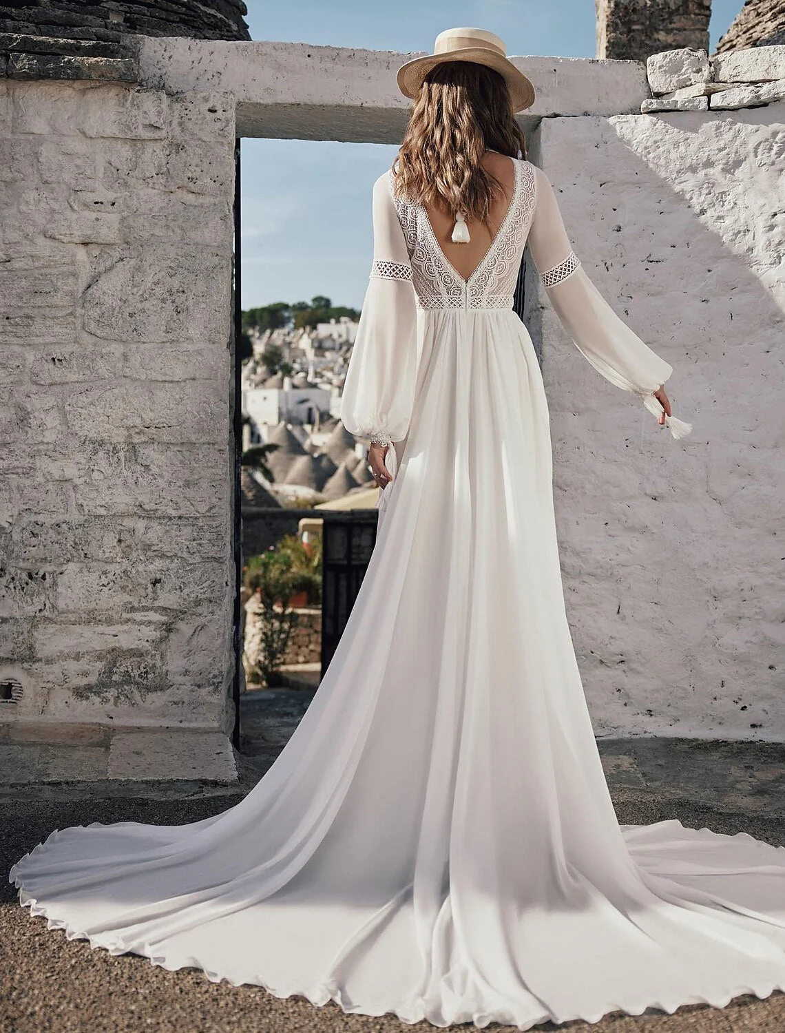 A-Line/Princess V-Neck Floor-length Lace Wedding Dress - Image 2