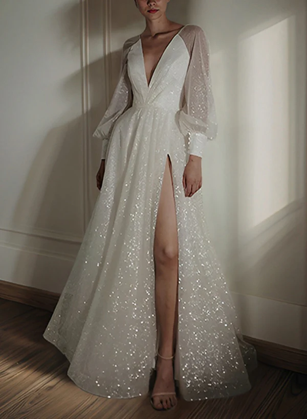 A-Line/Princess V-Neck Floor-length Wedding Dress - Image 2