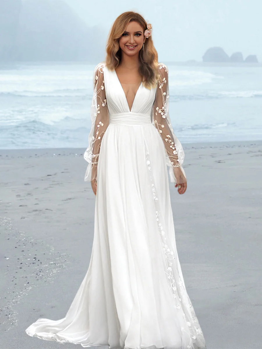 A-Line/Princess V-Neck Floor-length Wedding Dress - Image 3