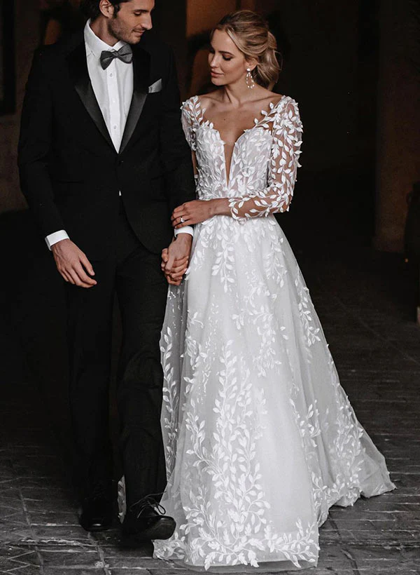 A-Line/Princess V-Neck Floor-length Wedding Dress - Image 3