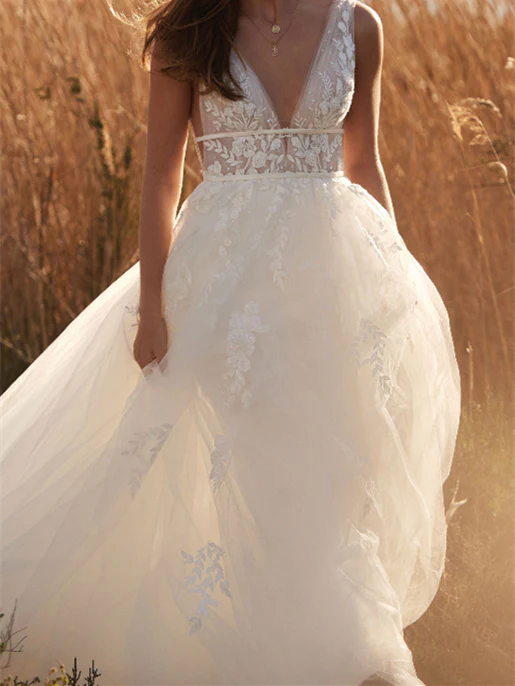 A-Line/Princess V-Neck Floor-length Wedding Dress - Image 3