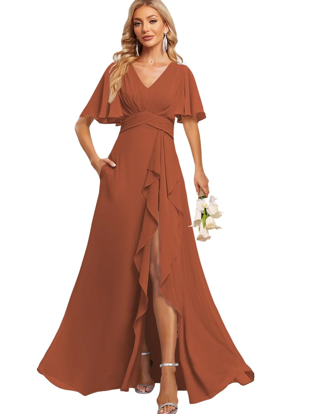 A-Line/Princess V Neck Flutter Sleeve Floor Length Bridesmaid Dresses with Pockets with Slit Ruffles - Image 12