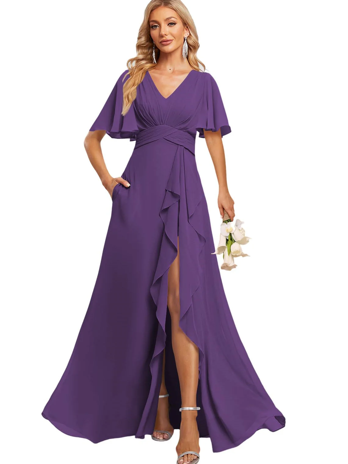 A-Line/Princess V Neck Flutter Sleeve Floor Length Bridesmaid Dresses with Pockets with Slit Ruffles - Image 28