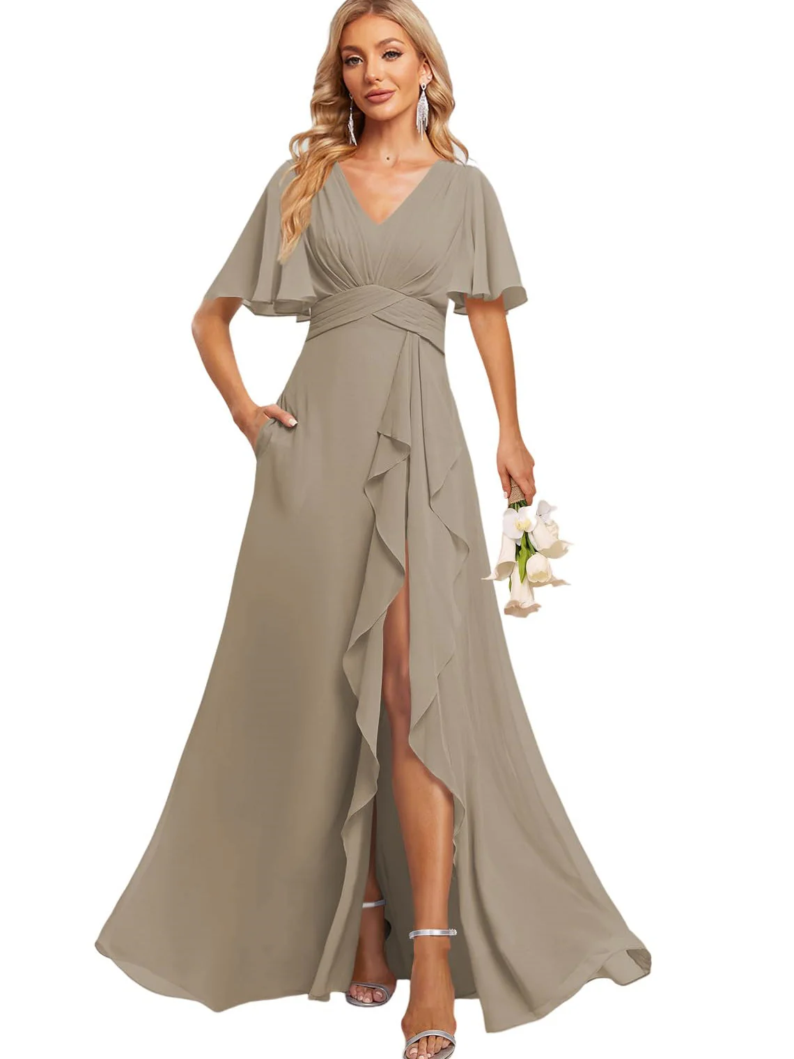 A-Line/Princess V Neck Flutter Sleeve Floor Length Bridesmaid Dresses with Pockets with Slit Ruffles - Image 33