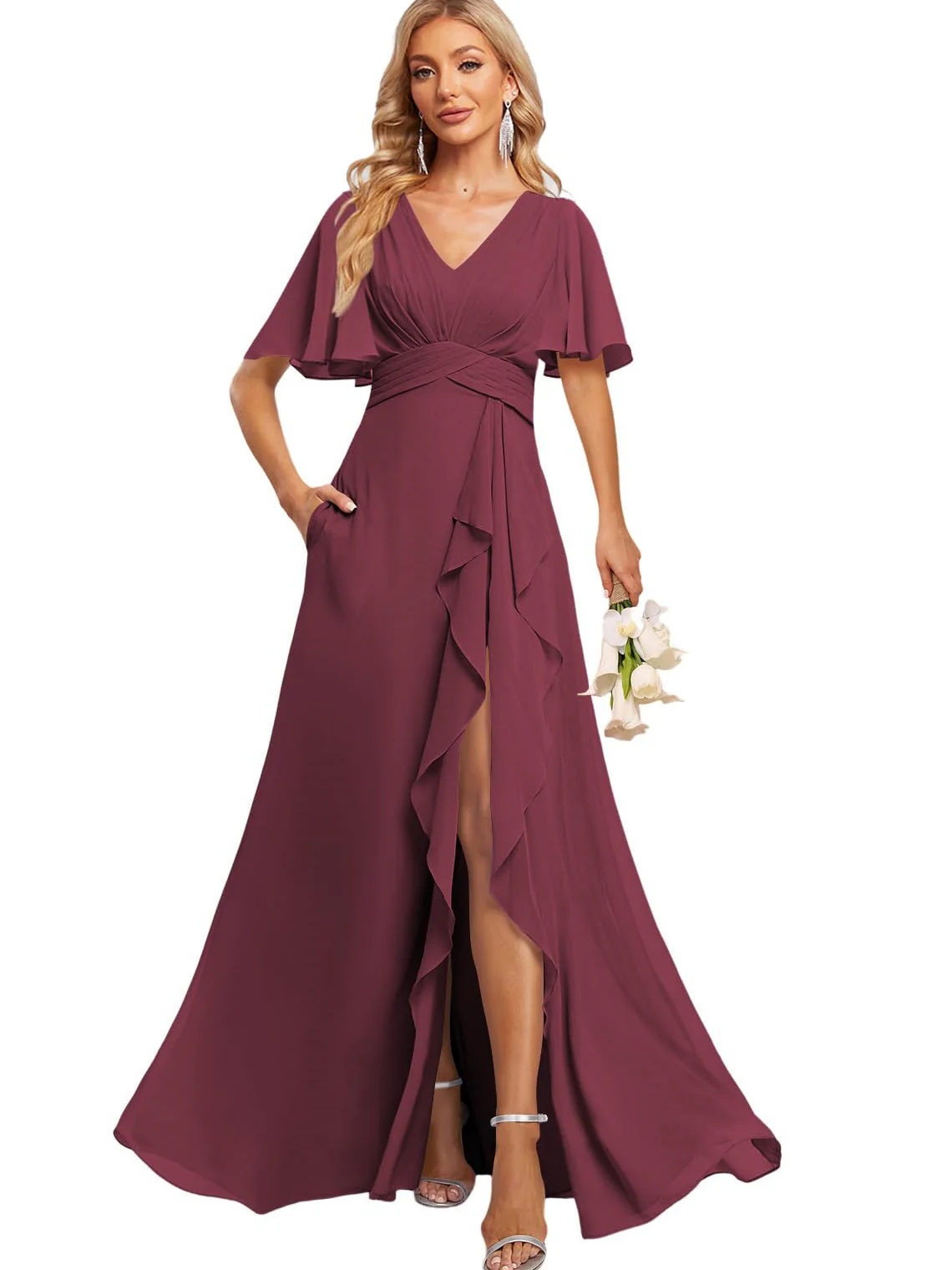 A-Line/Princess V Neck Flutter Sleeve Floor Length Bridesmaid Dresses with Pockets with Slit Ruffles - Image 37