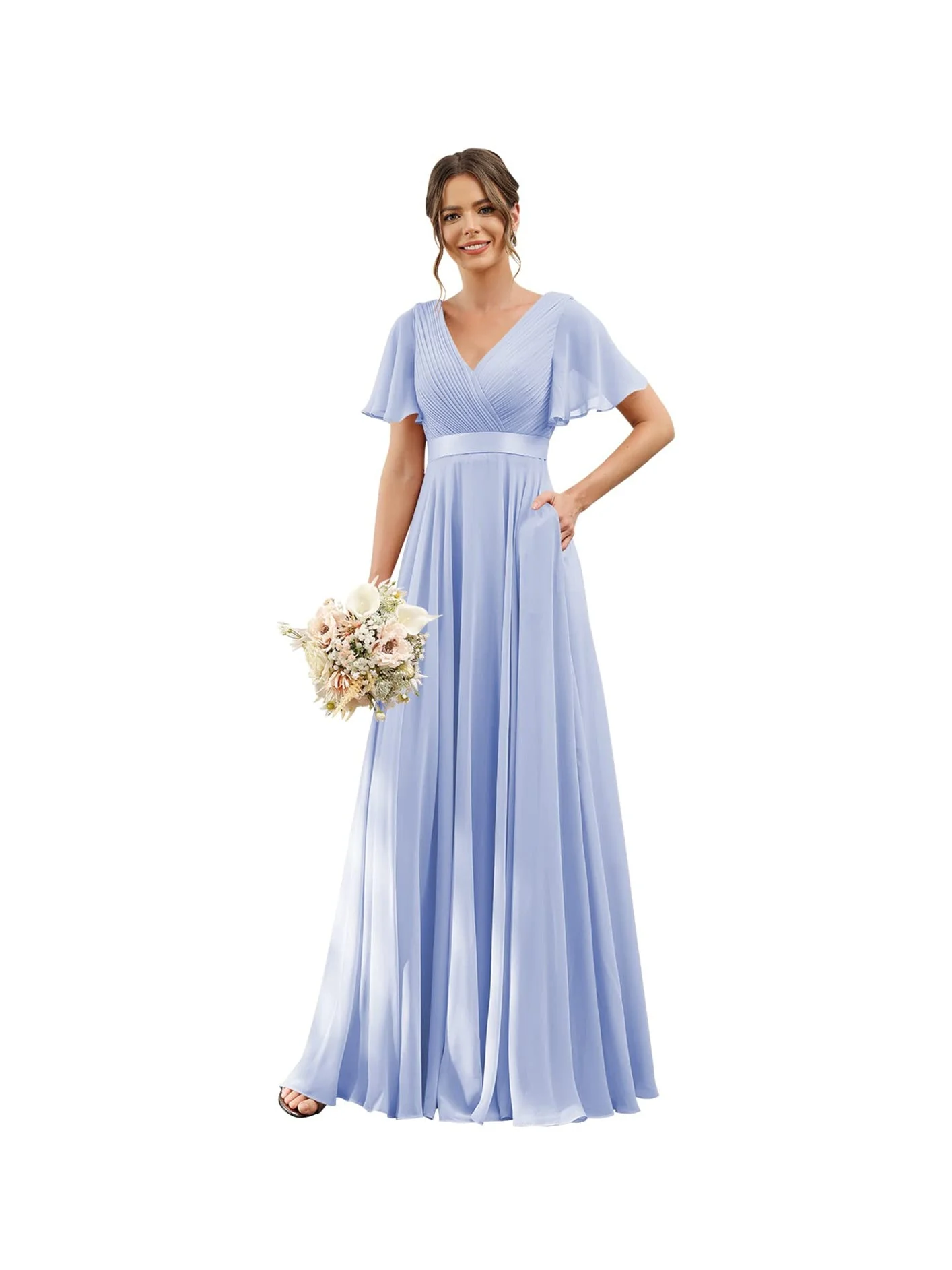 A-Line/Princess  V Neck Flutter Sleeves  Floor Length Bridesmaid Dresses  Chiffon  with Pockets Ruched - Image 10