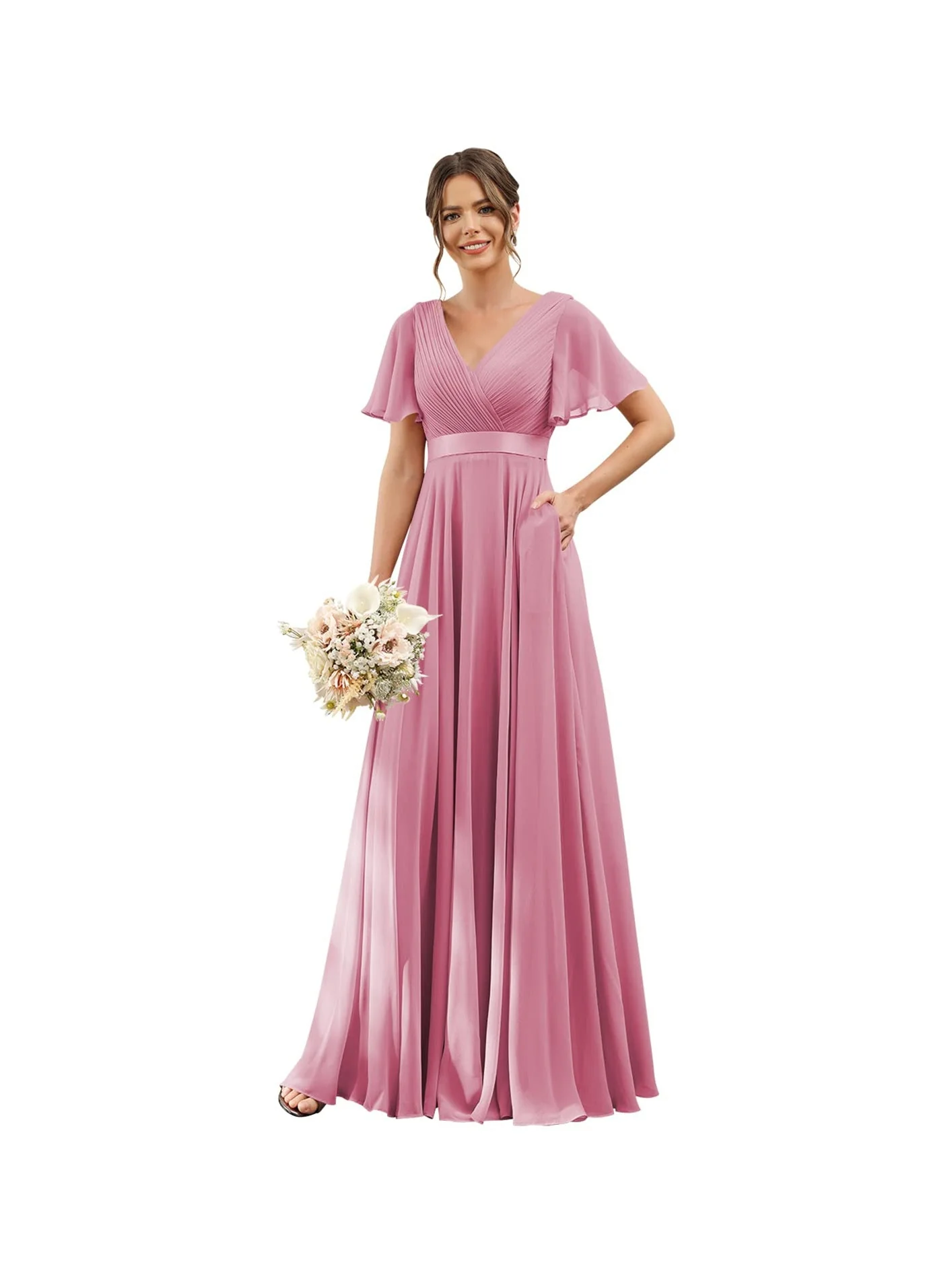 A-Line/Princess  V Neck Flutter Sleeves  Floor Length Bridesmaid Dresses  Chiffon  with Pockets Ruched - Image 11