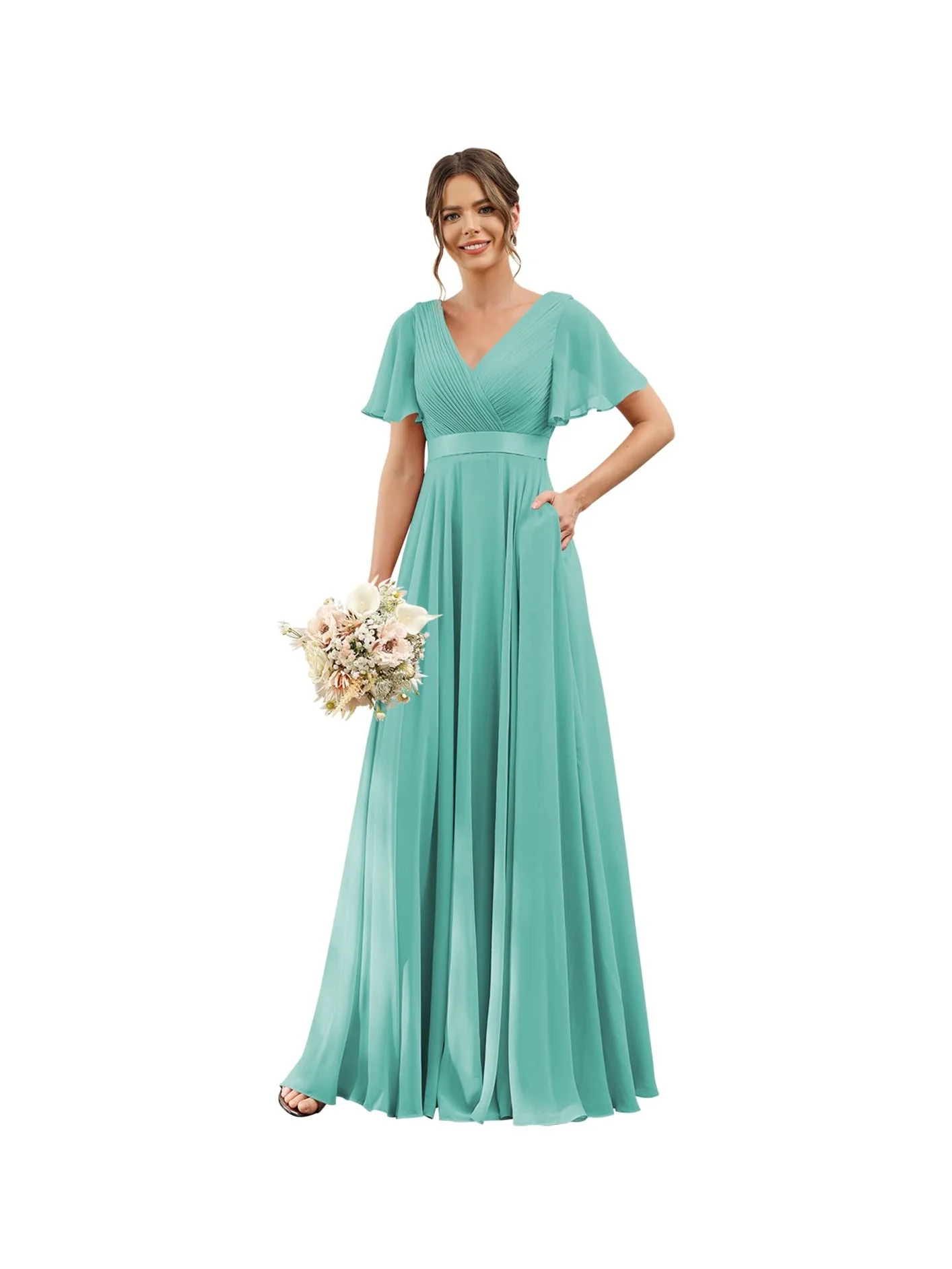 A-Line/Princess  V Neck Flutter Sleeves  Floor Length Bridesmaid Dresses  Chiffon  with Pockets Ruched - Image 12