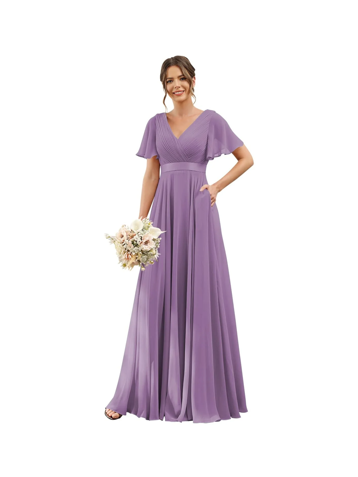 A-Line/Princess  V Neck Flutter Sleeves  Floor Length Bridesmaid Dresses  Chiffon  with Pockets Ruched - Image 13