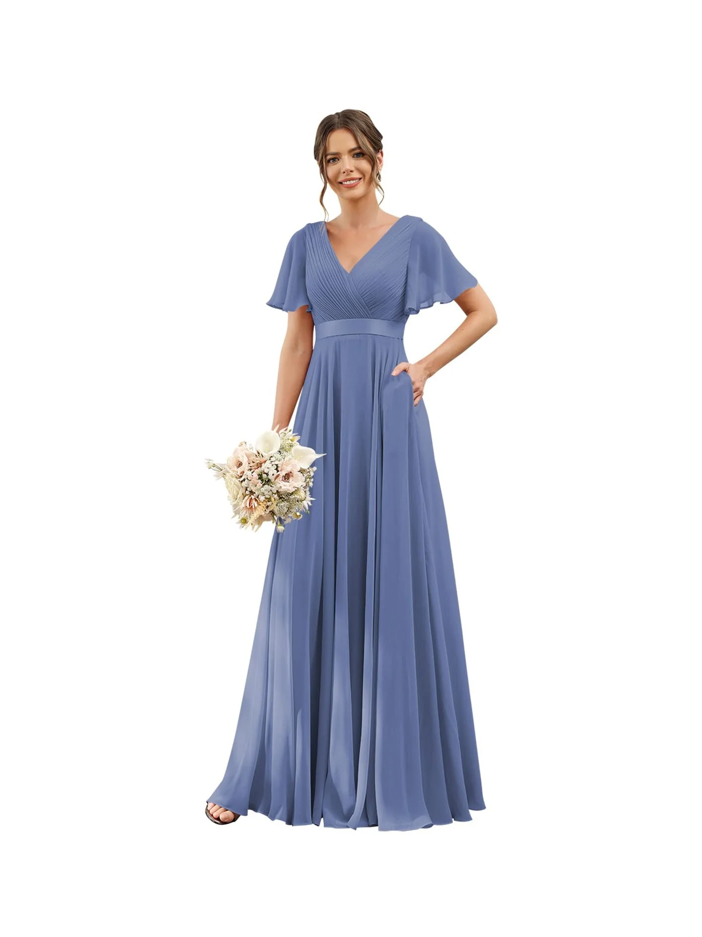 A-Line/Princess  V Neck Flutter Sleeves  Floor Length Bridesmaid Dresses  Chiffon  with Pockets Ruched - Image 14