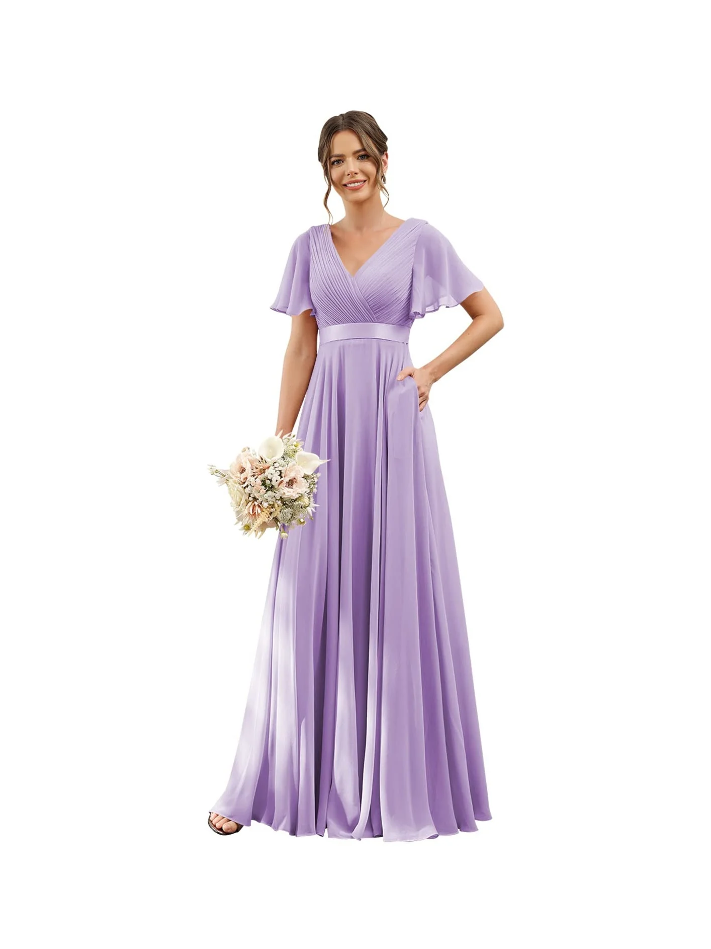 A-Line/Princess  V Neck Flutter Sleeves  Floor Length Bridesmaid Dresses  Chiffon  with Pockets Ruched - Image 15